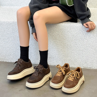 Thick-soled cowhide muffin skate shoes women's shoes 2024 autumn new versatile sneaker heightening lightweight lace-up casual shoes