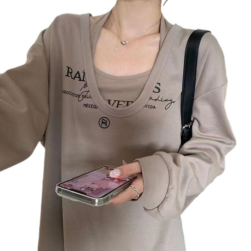 Layered design sweet and spicy set of medium-length hoodie for large size plus size mm autumn letter V-neck top two-piece set