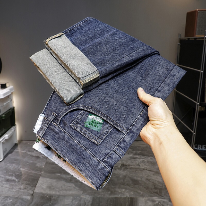 Blue Stretch Jeans for Men, Popular Spring/Summer Style, Ethnic Jacquard Rolled Hem Straight-Leg Washed Casual Pants with Embroidery Logo Blue Stretch Jeans for Men, Popular Spring/Summer Style, Ethnic Jacquard Rolled Hem Straight-Leg Washed Casual Pants with Embroidery Logo