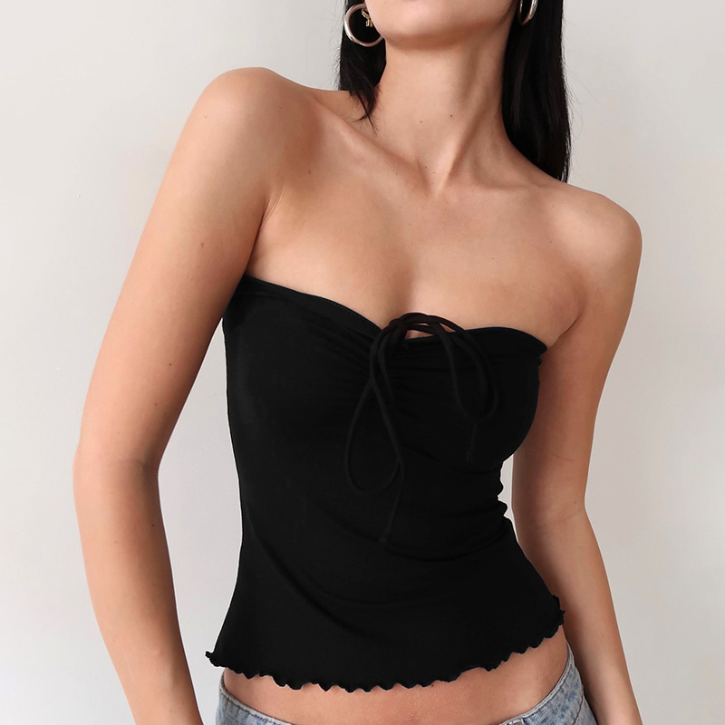 Y24Tp237 European and American Women's Summer New Lace-Up Halterneck Pleated Tube Top Backless Ruffled T-Shirt Top for Women Y24Tp237 European and American Women's Summer New Lace-Up Halterneck Pleated Tube Top Backless Ruffled T-Shirt Top for Women