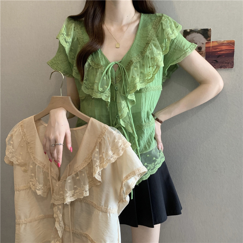 French-Style Ruffle Collar Lace Patchwork Short-Sleeve Shirt for Women, Summer Plus-Size Trendy Youthful Doll Shirt Top French-Style Ruffle Collar Lace Patchwork Short-Sleeve Shirt for Women, Summer Plus-Size Trendy Youthful Doll Shirt Top