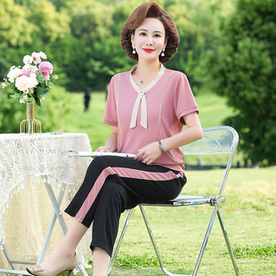 Mom's Summer Sports Suit, Casual, Fashionable, Young and Elegant Clothes, Middle-Aged and Elderly Women's Short-Sleeved T-Shirts