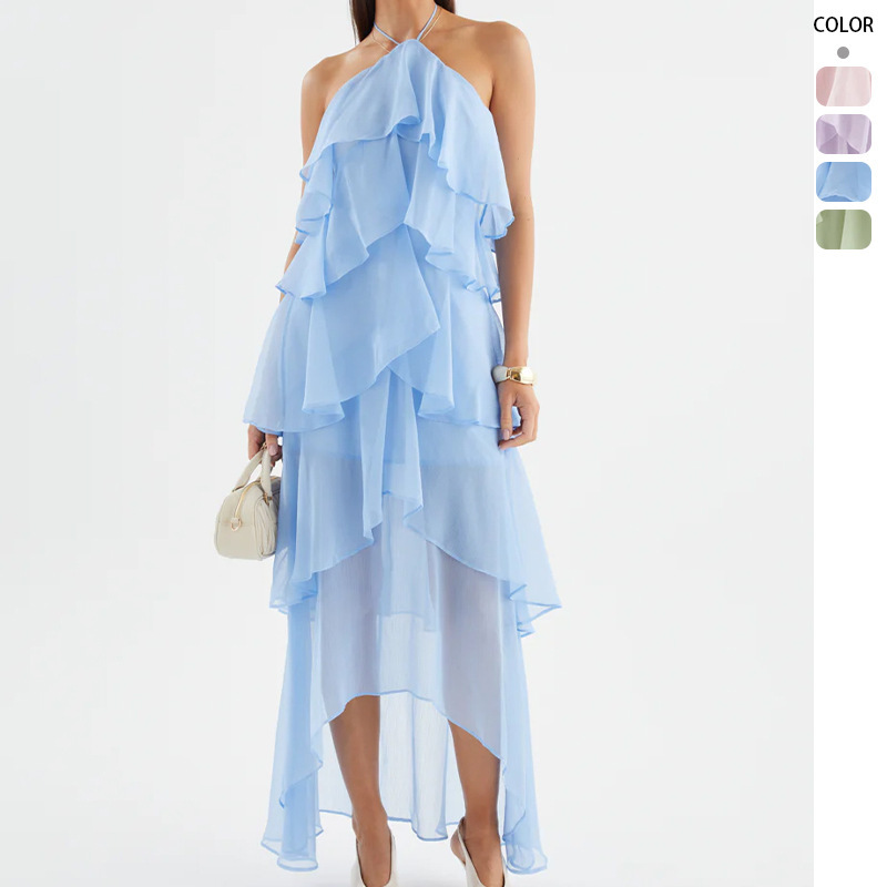 French Resort Style Seaside Beach Suspender Skirt 2026 Summer New Style Halterneck Sleeveless Ruffled Pure Color Dress