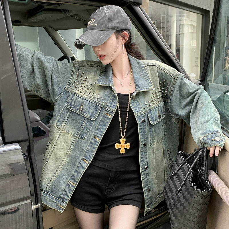 Американский ретро тяжелая промышленность заклепка джинсовая куртка женский весенний и осенний дизайн чувство нишевые свободные блузки bf ленивый ветер куртка топ