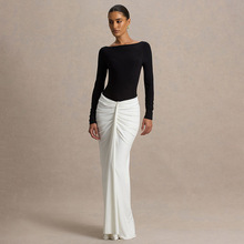 J25DS305欧美女装秋冬亚马逊新款撞色船领露背包臀褶皱长款连衣裙