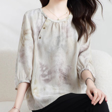 国风新中式真丝小衫 高端桑蚕丝上衣女圆领妈妈装印花T恤夏季女装