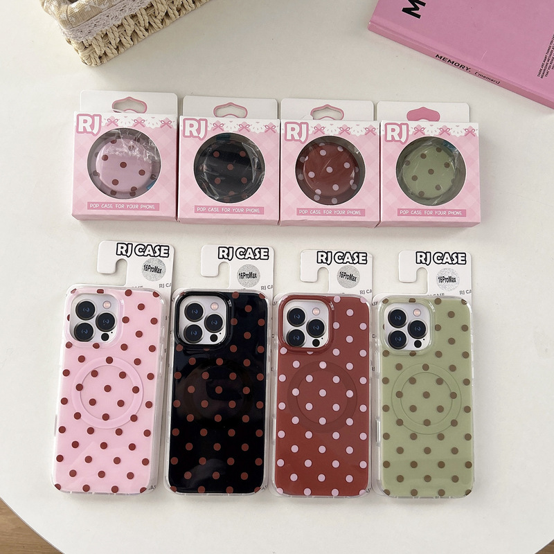 丸みを帯びたフレッシュな水玉模様 iPhone16pro/Apple17promax/15p対応 マグネット式スタンド付きスマホケース 女性向け|undefined