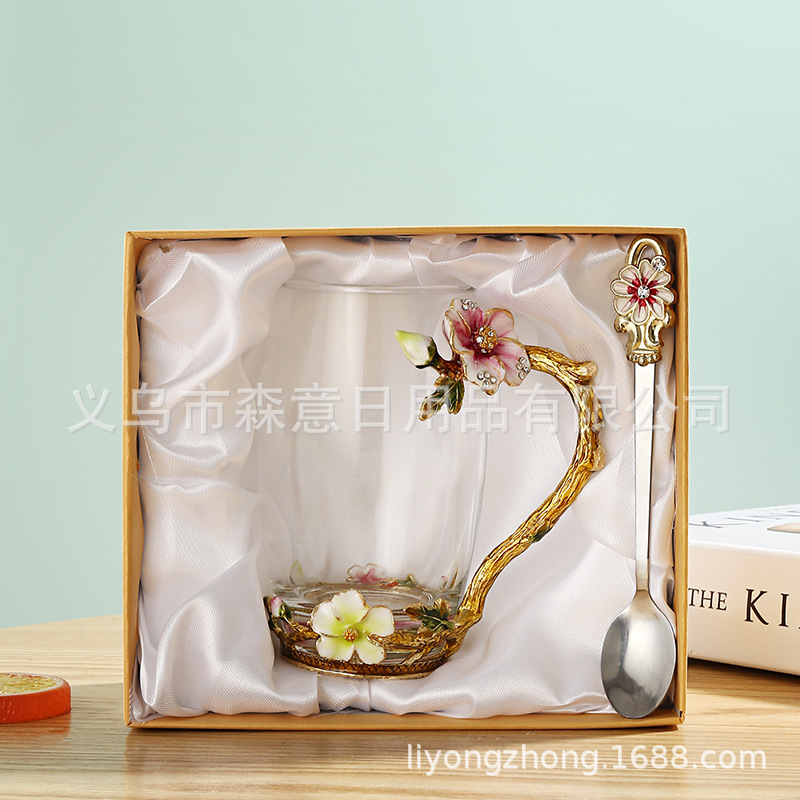 Esmalte taza de agua de color flor creativa taza de té taza de jugo taza de vidrio de cristal resistente al calor taza de café taza de pareja de gama alta regalo de la taza
