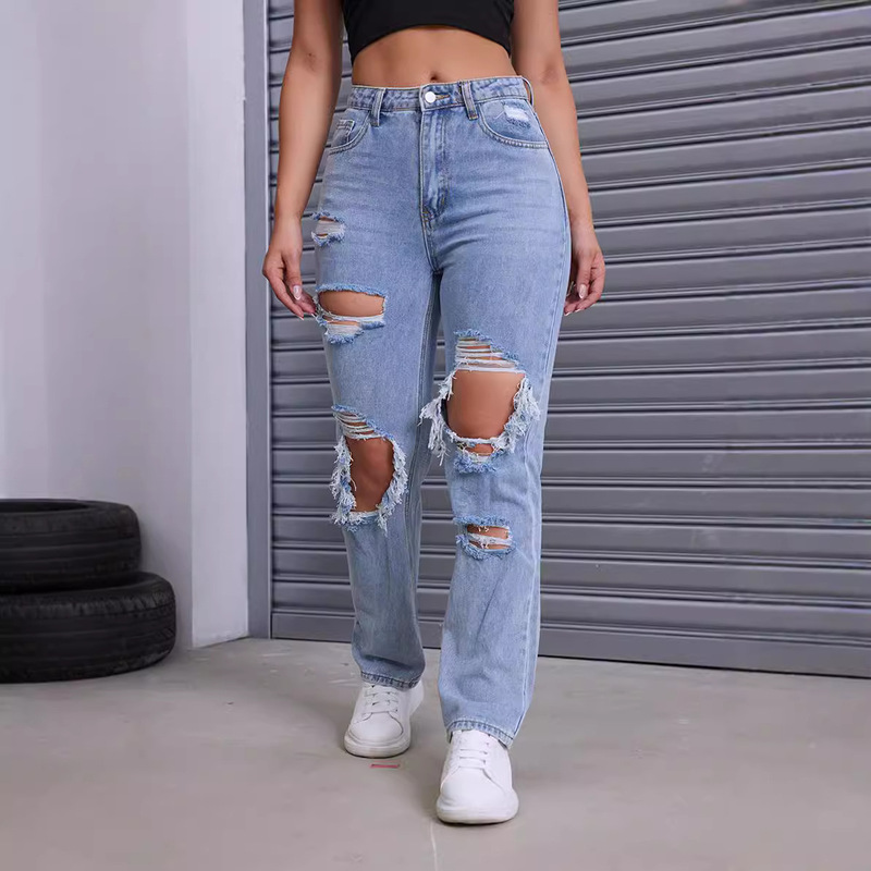European and American Ripped Jeans for Women, New Hot-Selling Washed Ripped Straight Pants, Fashionable and Personalized Street Jeans