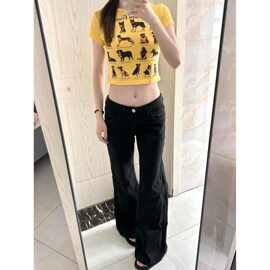 美式纯黑简约风格微喇直筒修身牛仔裤女垂感不贴腿日常休闲牛仔裤