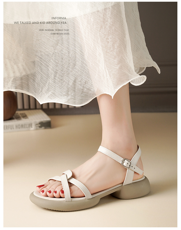 Sandal nữ đế bằng da thật quai chữ V mùa hè chống trượt — Màu đen chi tiết 6