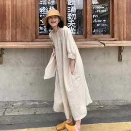 一线外贸亚麻木扣连衣裙女夏日系复古宽松大码气质A字裙