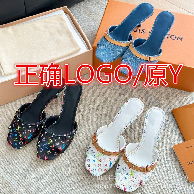 L Brand Women's Genuine Leather High-Heeled Denim Slippers with a Fashionable Color-Blocking Design and Printed Strap Sandals