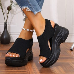 Cross-Border Large Size Fly Woven Casual Wedge Sandals for Women 2025 New Foreign Trade Sports Style Mesh Thick-Soled Roman Sandals