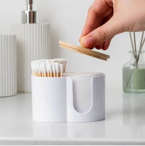 [Wang Wang] Два в одном соединенные бамбуковые чехол для хлопка для снятия макияжа Хлопковая коробка для хранения с двумя отверстиями Настольная ватная коробка для хранения