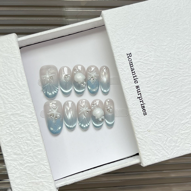 Blue Ocean Mermaid Embossed Handmade Nail Art Patch Finished Wearable Nail Patch Ins Xiaohongshu Hot Style