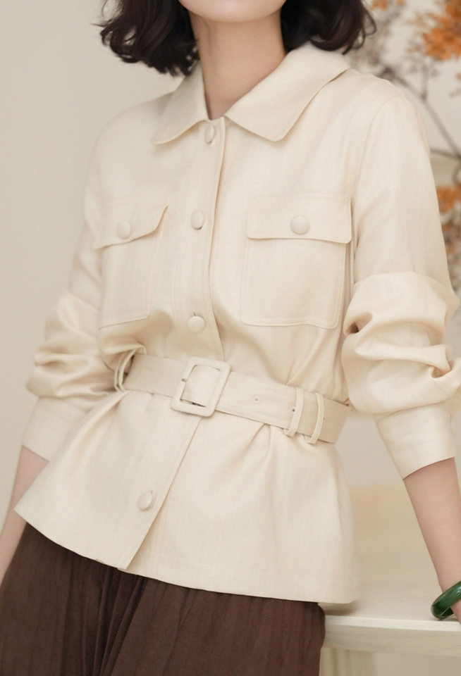 Áo khoác ngắn nữ pha Tencel và linen cổ polo tay dài chiết eo tôn dáng — Màu be chi tiết 1