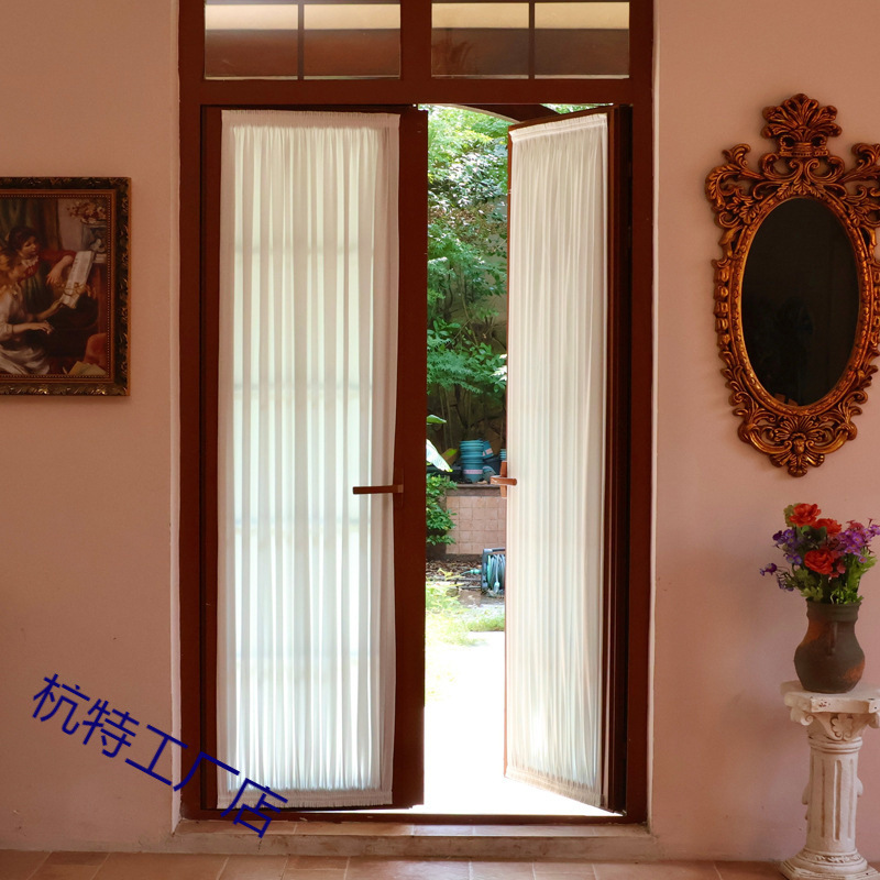 French-Style Sheer Curtain with Magic Tape, No-Drill Sliding Door, Inward-Opening Window, Opaque, Fixed Glass Door and Window Cover