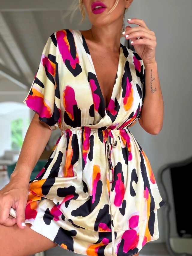 Abstract Print V-Neck Midi Dress With Tie Waist, Flowy Short Sleeve Summer Dress For Vacation & Casual Outings_ecoleips.com