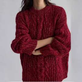 25欧货重工扭花100%纯羊毛衫女秋冬花纱宽松慵懒加厚新年红色毛衣