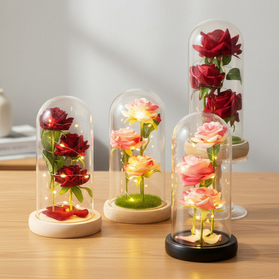 Simulación transfronteriza de rosas cubierta de vidrio adornos flores secas eternas ramo de flores Día de San Valentín Día de la Madre regalo de cumpleaños creativo