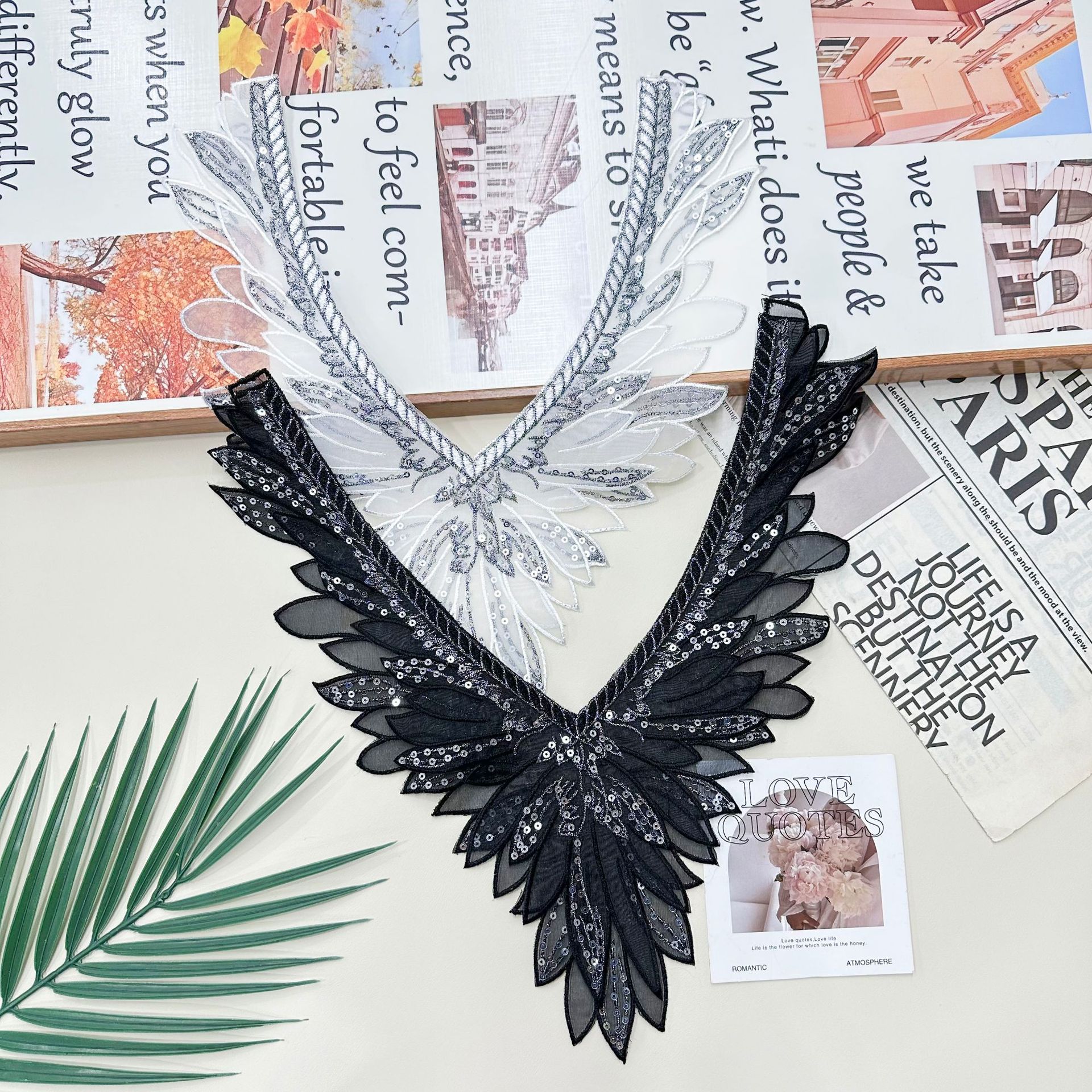 Blanco plateado con cuello en V, lentejuelas, bordado de hojas, pegatinas de tela, vestido, suéter, decoración del escote, accesorios de bricolaje hechos a mano