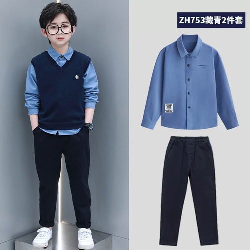 Boys' Spring and Autumn Set 2024 New Children's Middle and Large Children's Stylish College Style Long Sleeve Shirt and Vest Three-Piece Set