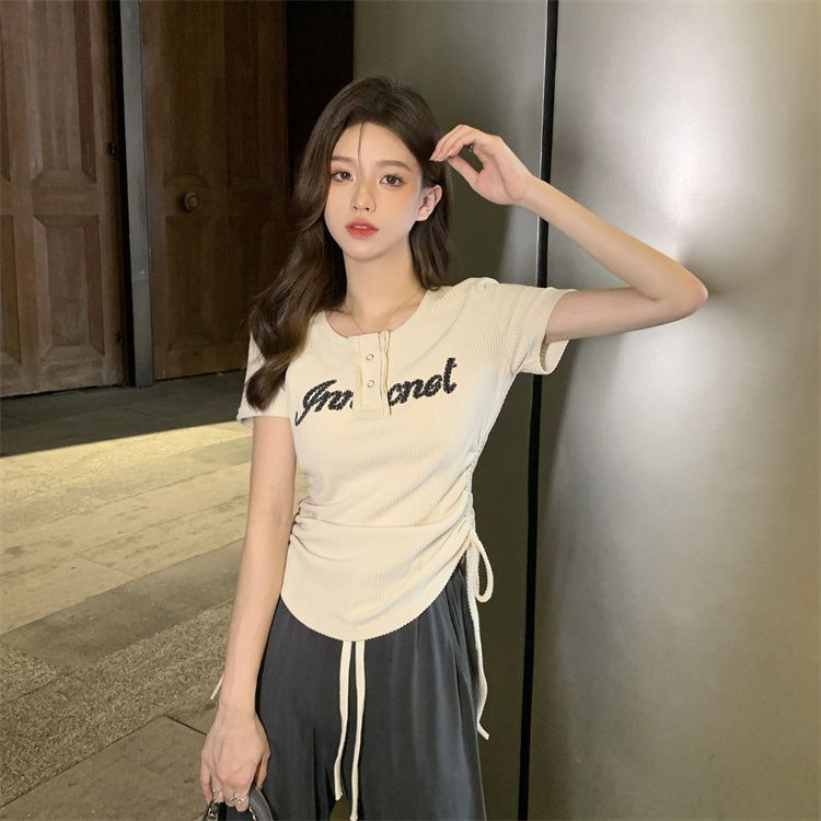 Sommer New Style American Sweet Cool Spicy Girl Kordelzug Kurzarm Abnehmen T-Shirt Ice Silk Weites Bein Lange Hosen_voghion.com