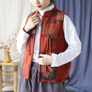24108 Ximo Original Twill Double-Layer Cotton Printed Warm Cotton Vest Retro Loose Dressed Cotton Vest