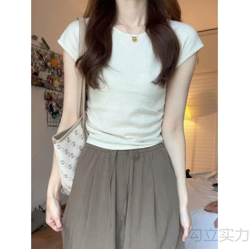 Женская летняя футболка из ледяного шелка, короткий рукав, короткий топ, облегающий силуэт, корейский стиль, белый цвет.