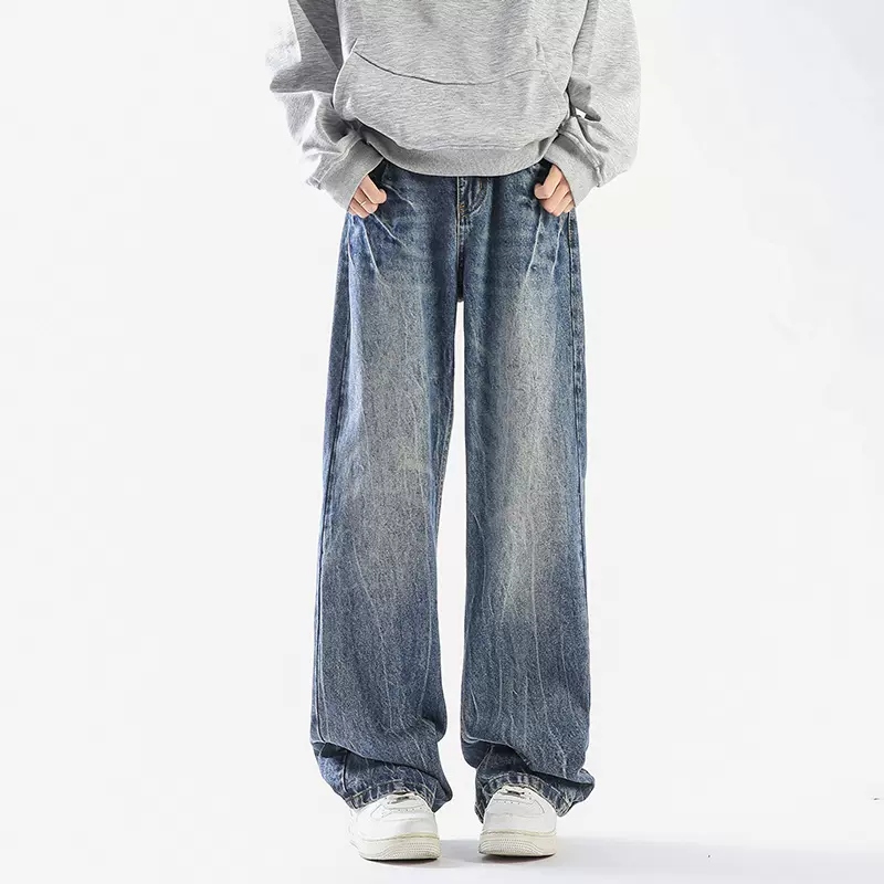 春秋季新款水洗牛仔裤男女美式高街直筒阔腿裤百搭休闲男生长裤子