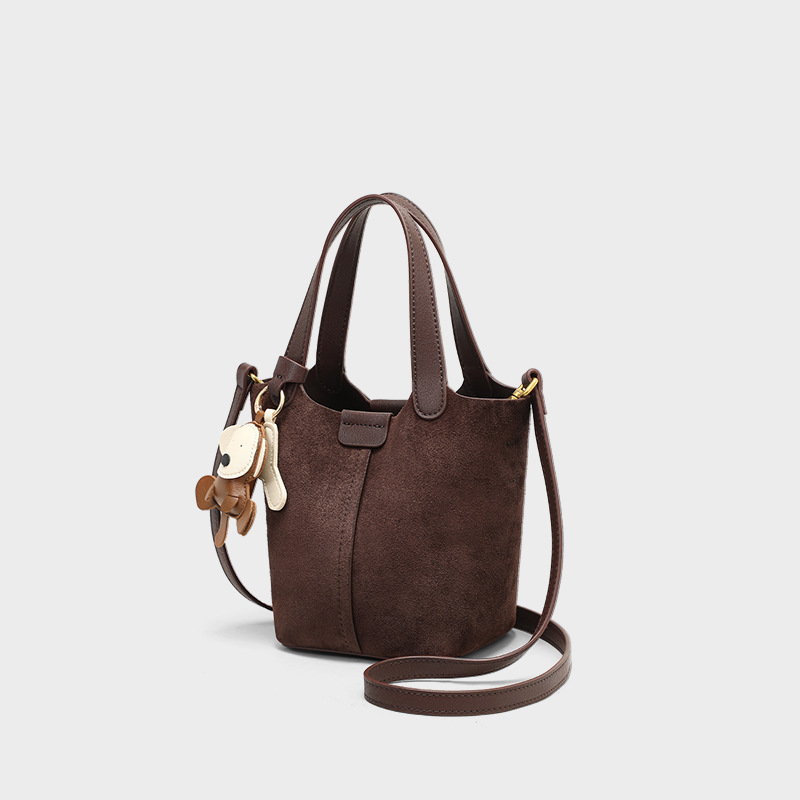 Túi bucket nữ rút dây phong cách retro chất liệu da mờ — nâu