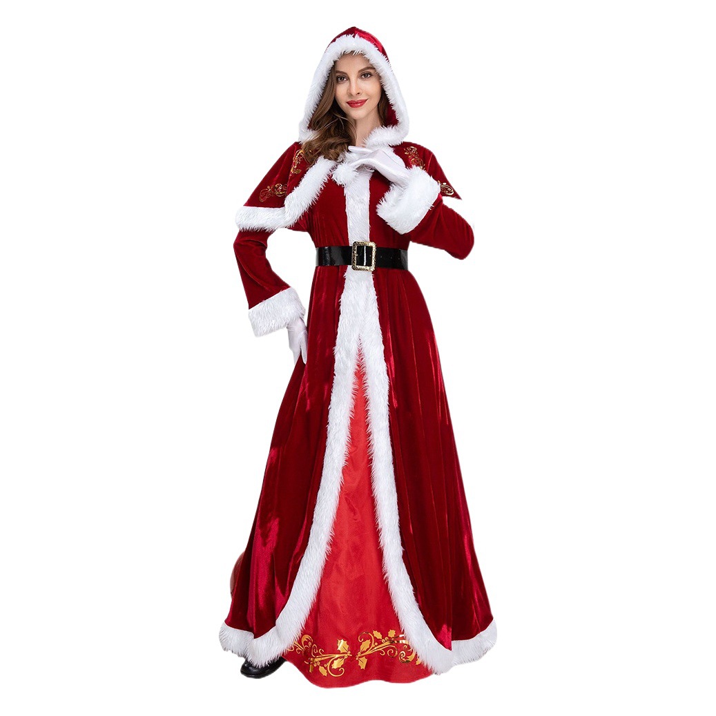 Ropa de Navidad transfronteriza europea y americana vestido de Navidad de mujer de manga larga engrosada Santa Claus con chal ropa de reina de Navidad