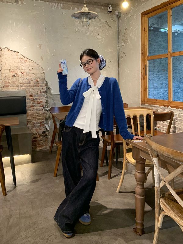miu系白色蝴蝶结刺绣绑带长袖t恤女早秋季修身打底衫辣妹v领上衣|undefined