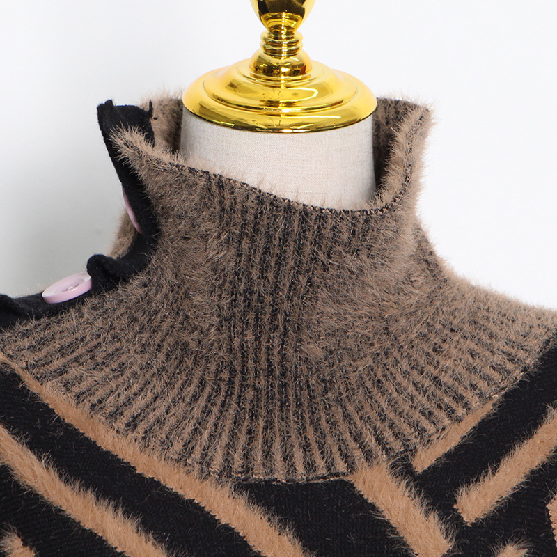 Loose Knitted Dress Winter Stand Collar Oblique Buckle Long Sleeve Mink Hair Sweater with Belt