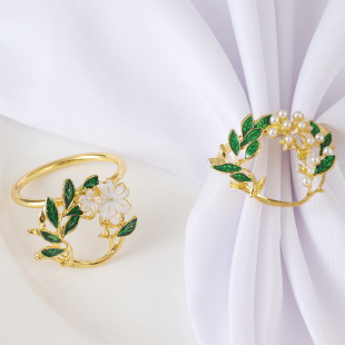 Cross-border Creative Metal Wreath Pearl Flower Dropping Oil Leaves Napkin Ring Hotel Table Banquet Party Napkin Buckle