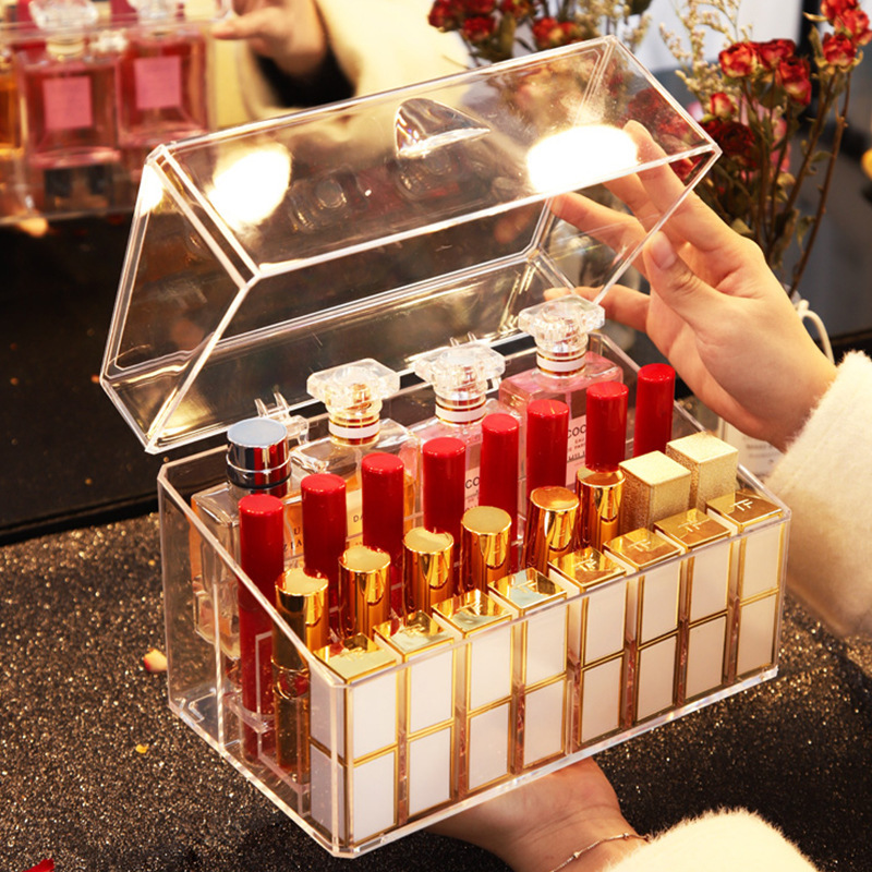 [Ready Stock] Lipstick Storage Box Dustproof Desktop Multi-Gate Cosmetics Lipstick Rack Storage Organizing Box Transparent with Cover
