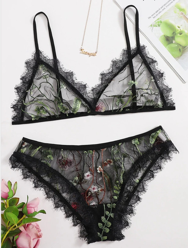 Nouveaux sous-vêtements amusants Sexy dentelle noire imprimé sous-vêtements ensemble amusant_voghion.com