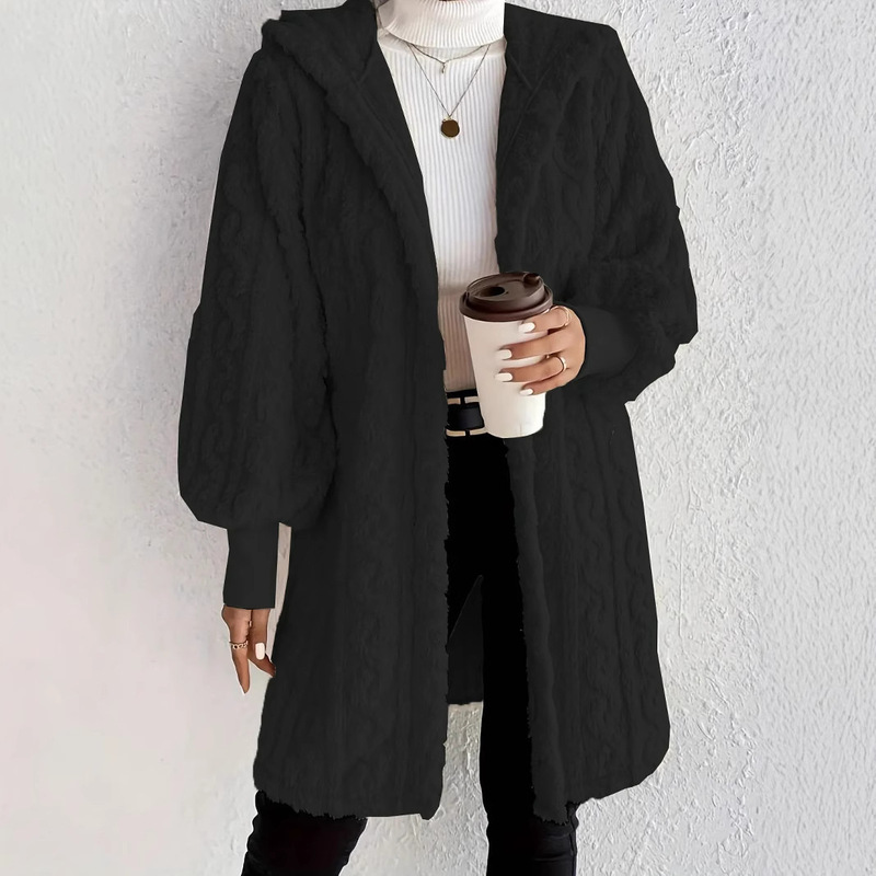 速売通Wish ebay 2025秋冬欧米の女性服の純色の長袖の帽子のゆったりした毛の羽毛の上着の女性|undefined