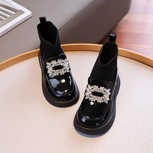 Girls' Sock Boots 2024 Spring and Autumn New Princess Martin Boots Children's Leather Shoes Girls Soft Sole Single Shoes Short Boots Black
