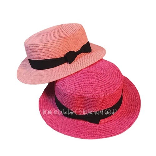 Korean-style round straw hat, sunshade beach hat, trendy summer hat with chili pepper bow, grass-woven flat top hat