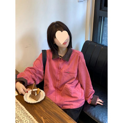 美式工装初秋棒球服粉色外套女早秋季设计感小众宽松翻领夹克春秋