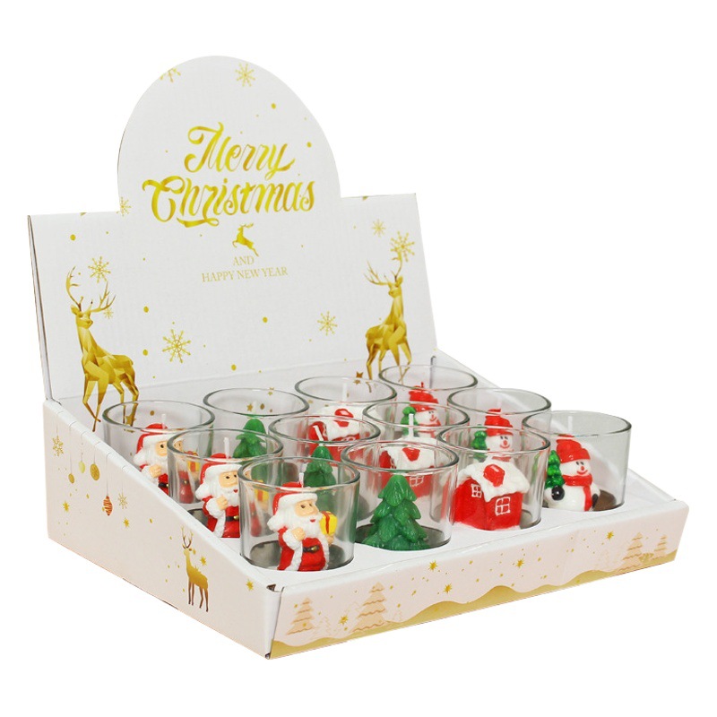 12 cajas de vidrio vela romántica vela artesanal pintado muñeco de nieve viejo árbol de Navidad tealight vela de Navidad