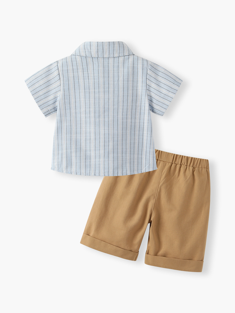 子供服男の子新品夏子供ストライプ半袖シャツバックパンツセット赤ちゃんスナップドレス2点セット