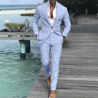 2026跨境新款男士浅粉蓝西装套装休闲商务伴郎婚礼两件套修身