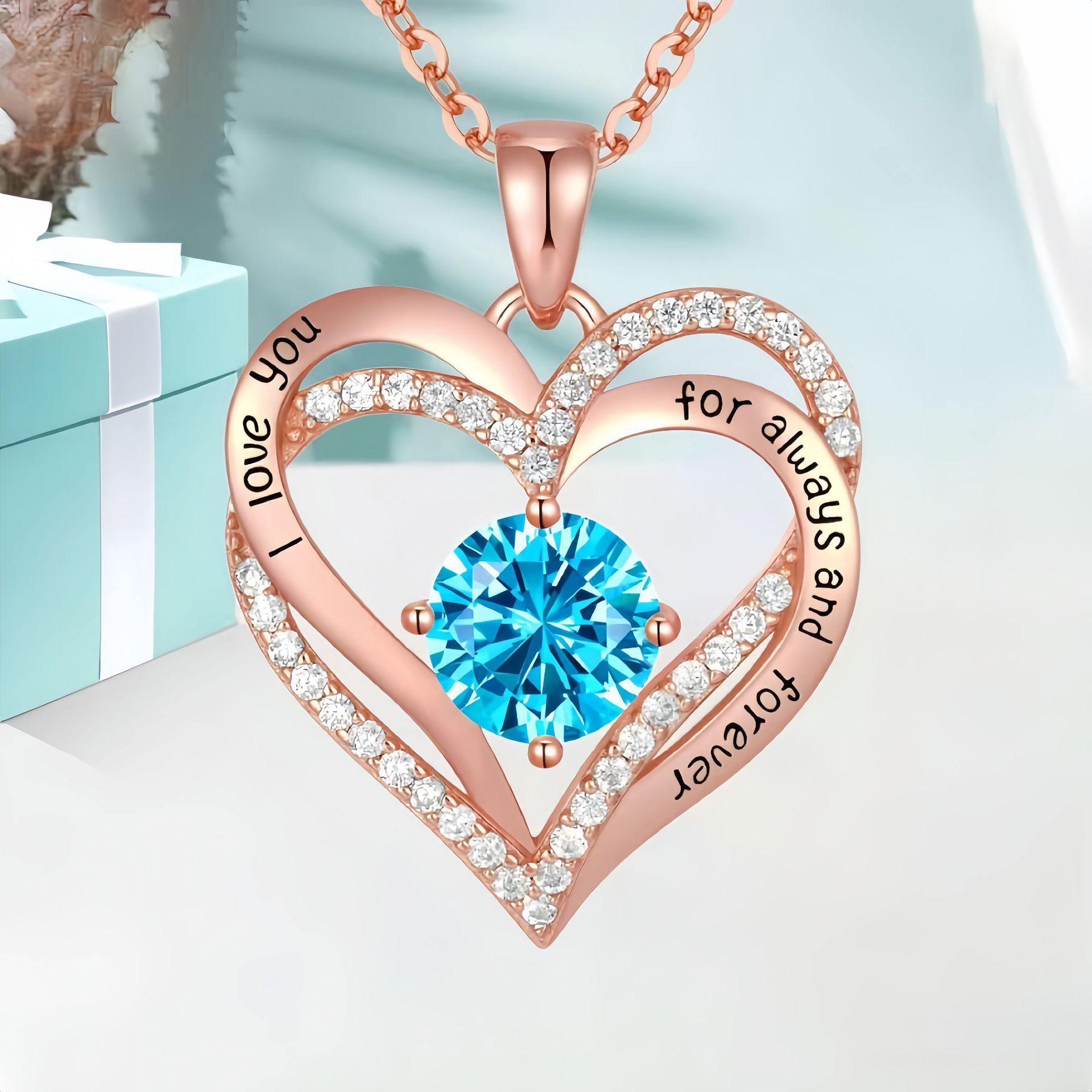 Collar de corazón de circonita colorida con colgante de oro rosa de doble capa, regalo para San Valentín y Día de la Madre