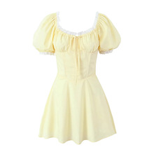 欧美2025早春新款修身显瘦百搭法式方领蕾丝花边系带连衣裙