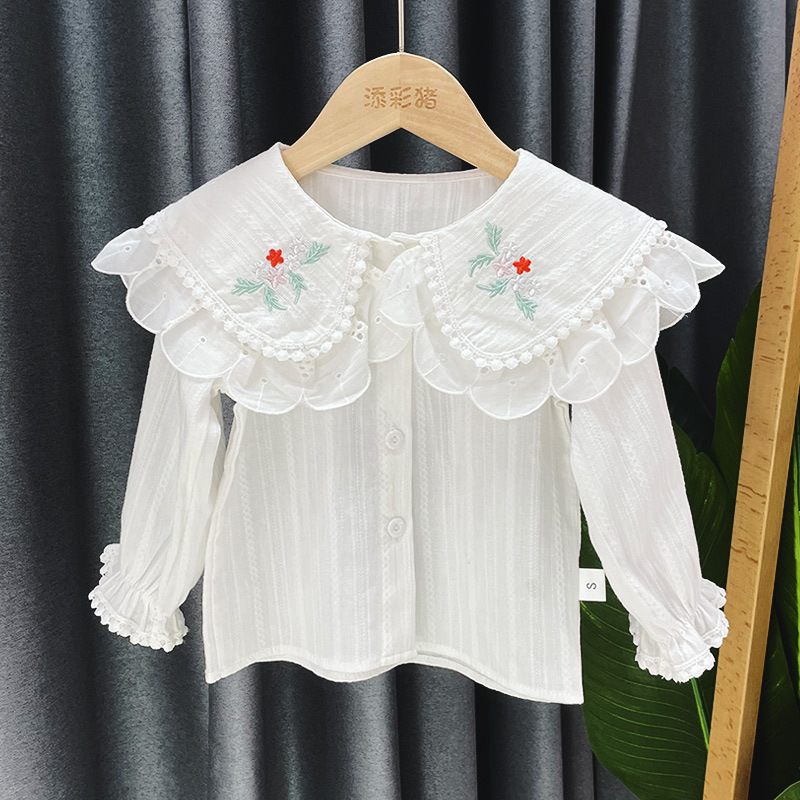 Camisa de estilo occidental para niñas Otoño Nueva camisa de manga larga para niños estilo coreano top de bebé flor bordada primavera y otoño moda
