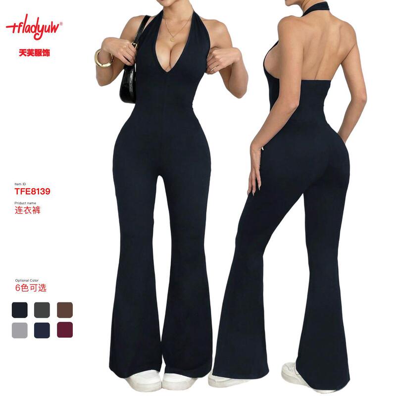 European and American Style Nude-Feel Hollow-Out Backless Tight-Fitting Jumpsuit, New Summer One-Piece Suit, Butt-Lifting Sports Fitness Jumpsuit