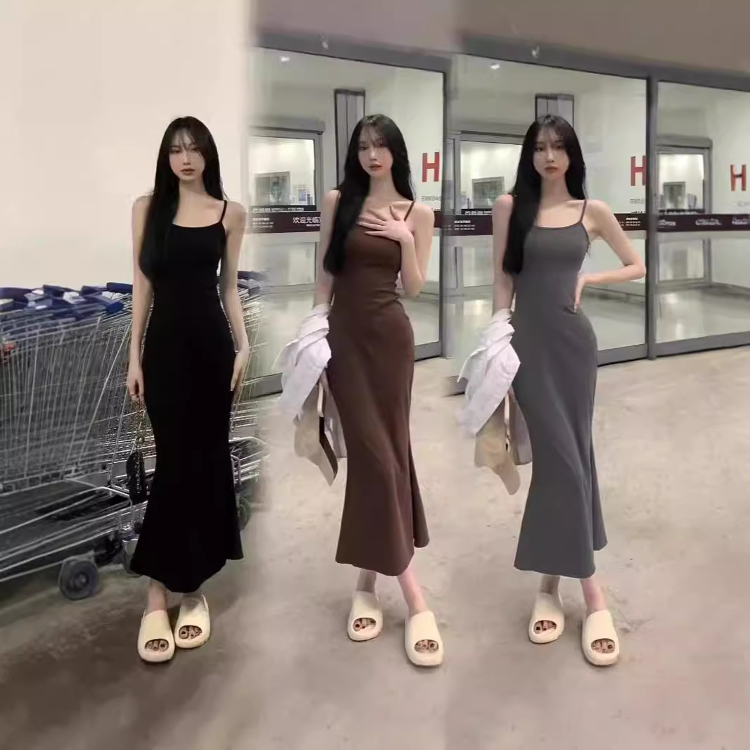 달콤한 향신료 민소매 허리 등이없는 원피스 여자의 여름 순수 우아한 피쉬 테일 힙 스커트